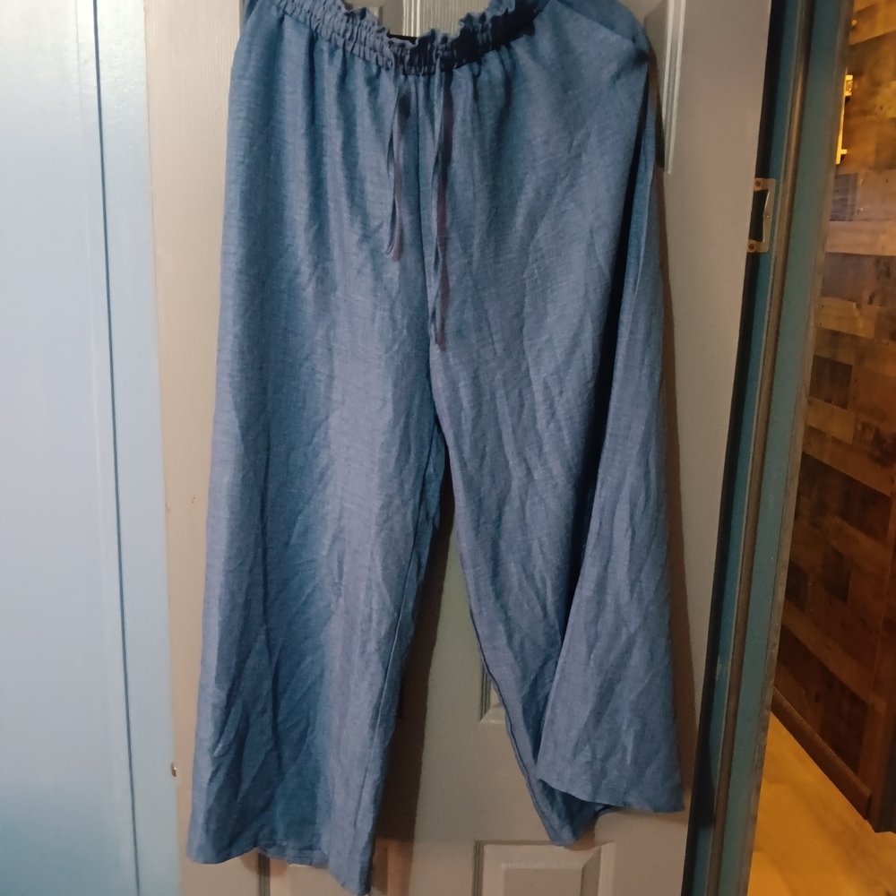 Blue Women Drawstring Linen-Blend Wide Leg Pants